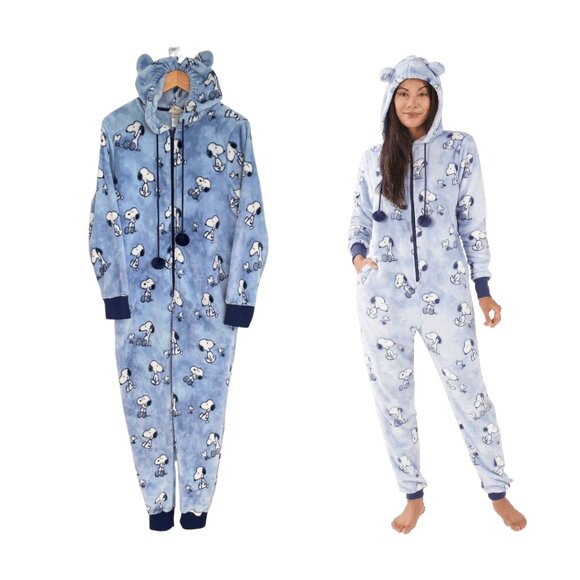 Munki Munki Pajamas Women Large Onesie Peanuts Snoopy Woodstock Blue Fleece - Picture 1 of 16